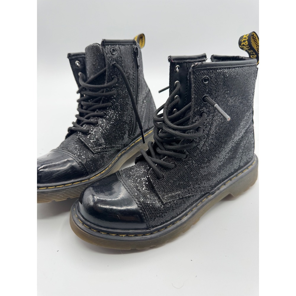 Dr. Martens Delaney Black Glitter Patent Leather Boots Kids US 3